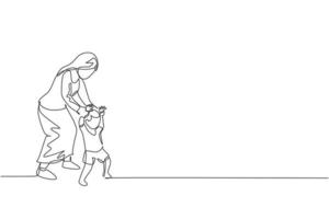 Single continuous line drawing of young mother teaching her son learning lead walk at home. Happy family parenting concept. Trendy one line draw design graphic vector illustration