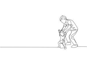 One continuous line drawing of young father teaching his son learning lead walk at home. Happy family parenthood concept. Dynamic single line draw graphic design vector illustration