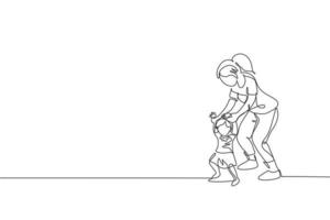 One continuous line drawing of young mom teaching her daughter learning lead walk at home. Happy family parenthood concept. Dynamic single line draw graphic design vector illustration