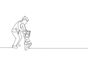 One single line drawing of young dad teaching his daughter learning lead walk at home graphic vector illustration. Happy family parenting concept. Modern continuous line draw design