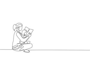 Single continuous line drawing of young mother sitting on floor and reading story book to her daughter at home. Happy family parenting concept. Trendy one line draw design graphic vector illustration