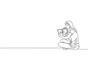 One single line drawing of young mom siting on floor and reading story book to her son at home vector graphic illustration. Happy family parenting concept. Modern continuous line draw design