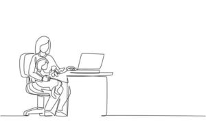 Single continuous line drawing of young mother siting on chair and holding her daughter while typing on laptop, work from home. Happy family parenting concept. One line draw design vector illustration