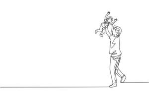 Single continuous line drawing of young dad playing raise his daughter up into the sky at home. Happy family parenting concept. Trendy one line draw design vector graphic illustration