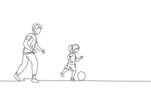 One single line drawing of young dad running and playing football soccer with his daughter at public field park vector illustration. Happy family parenting concept. Modern continuous line draw design