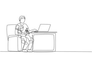 One continuous line drawing young father siting on sofa and holding his son while typing on laptop, work from home. Happy family parenthood concept. Single line draw design graphic vector illustration