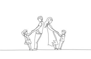 dibujo de una sola línea continua de una joven madre e hija sosteniendo a su hijo e hija de la mano mientras bailan juntos en casa. concepto de crianza de los hijos de familia feliz. Ilustración de vector de diseño de dibujo de una línea