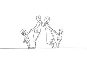 Single continuous line drawing of young mother and daughter holding their son and daughter hand while dancing together at home. Happy family parenting concept. One line draw design vector illustration