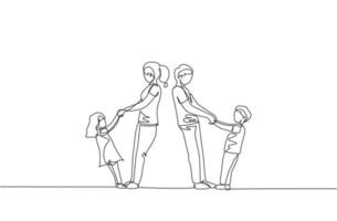 One single line drawing of young mom and dad holding their son and daughter hand while dancing together at home vector illustration. Happy family parenting concept. Modern continuous line draw design