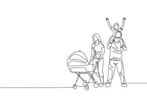 One continuous line drawing of young mom pushing baby stroller at park while dad carrying his son on shoulder. Happy family parenting concept. Dynamic single line draw design vector illustration