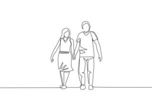 un dibujo de línea continua de la joven pareja esposa y esposo caminando y tomados de la mano juntos en el parque. concepto de crianza de los hijos de familia feliz. Ilustración de vector de diseño de dibujo de línea única dinámica