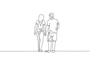 un dibujo de línea continua de la joven pareja esposa y esposo caminando y tomados de la mano juntos, vista posterior. concepto de crianza de los hijos de familia feliz. Ilustración de vector de diseño de dibujo de línea única dinámica