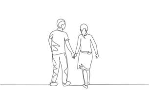 Single continuous line drawing of young couple wife and husband walking together and holding hand, back view. Happy family parenting concept. Trendy one line draw design vector illustration