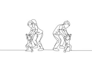 One single line drawing of young parents teaching their twin kids to walk at home vector illustration. Happy family parenting concept. Modern continuous line draw design