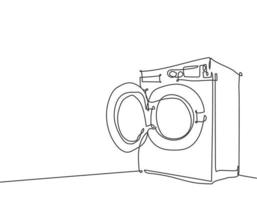 Un dibujo de linea continua de un electrodomestico electrico para lavadora con puerta de entrada abierta. concepto de plantilla de gadget de hogar de electricidad. Ilustración gráfica de vector de diseño de dibujo de línea única de moda