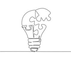 One single line drawing of light bulb with pieces of puzzles forming logo identity. Teamwork smart company logotype icon template concept. Continuous line draw design graphic vector illustration