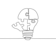 Single continuous line drawing of part of puzzles forming bright light bulb logo label. Team building smart company icon label concept. Trendy one line draw graphic design vector illustration