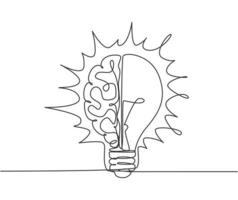 One continuous line drawing of half human brain and half light bulb logo emblem. Genius psychological logotype icon template concept. Modern single line draw graphic design vector illustration