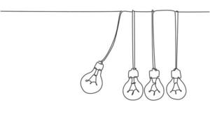 dibujo de una sola línea continua de bombillas de péndulo que se balancean y golpean la etiqueta del logotipo de otras bombillas. concepto de decoración de pared de póster. Ilustración de vector de diseño gráfico de dibujo de una línea moderna