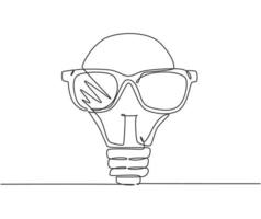 One single line drawing of bright light bulb with trendy sun glasses logo identity. Cool character logotype icon template concept. Dynamic continuous line draw design graphic vector illustration