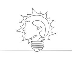 One continuous line drawing of human head from side view inside shining light bulb logo emblem. Smart company logotype icon template concept. Modern single line draw graphic design vector illustration