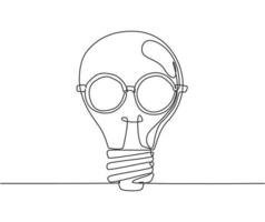 Single continuous line drawing of light bulb with round old glasses logo label. Smart bright company icon label concept. Trendy one line draw graphic design vector illustration