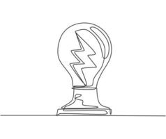 Single continuous line drawing of shine light bulb with thunder bolt inside logo label. Power up electricity icon label concept. Trendy one line draw graphic design vector aillustration