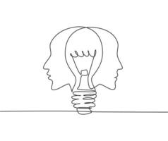 Single continuous line drawing of twin human face with light bulb in the middle logo label. Psychology mind inspiration icon label concept. Trendy one line draw graphic design vector illustration