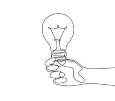 One continuous line drawing of human hand hold light bulb logo emblem. Power up electricity logotype icon template concept. Modern single line draw graphic design vector illustration