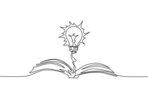 Single continuous line drawing of open book with shining light bulb upside logo label. Public library icon label concept. Trendy one line draw graphic design vector illustration