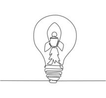 One single line drawing of rocket launch inside shining light bulb logo identity. Company space technology logotype icon template concept. Continuous line draw design graphic vector illustration