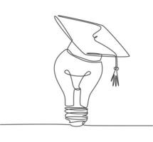 One single line drawing of bright lightbulb wearing graduation cap logo identity. Smart study academy logotype icon template concept. Dynamic continuous line draw design graphic vector illustration