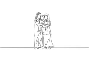 Single continuous line drawing of young happy Islamic mother and father hugging and lifting their boy son together. Muslim happy family parenting concept. One line draw design vector illustration