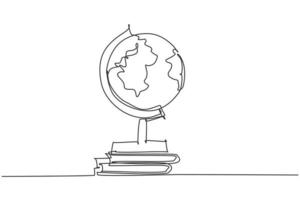 Single one line drawing of world globe. Round map above books pile icon silhouette education concept. Infographics, school presentation isolated on white background. Design vector graphic illustration