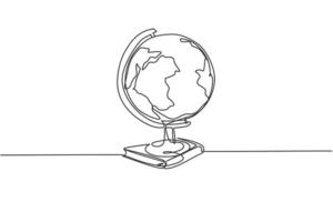 Earth globe above books stack. Single continuous line world global map graphic icon. Simple one line doodle for education concept. Isolated vector illustration minimalist design on white background