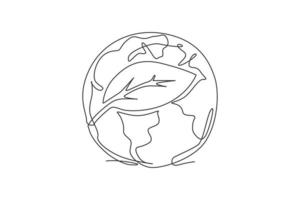 Single one line drawing of green leaf on globe earth. Leaf tree icon for green nature concept. Infographics, save environment campaign isolated on white background. Design vector graphic illustration