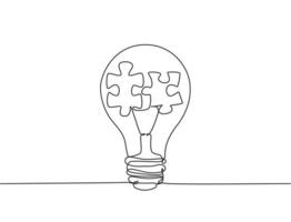 One single line drawing of lightbulb with puzzle pieces inside for creative team company logo identity. Power teamwork icon concept. Trendy continuous line draw design vector illustration