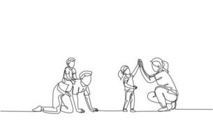 un dibujo de línea continua de una madre joven que choca los cinco con su hija mientras su hijo viaja en la espalda de papá en casa. concepto de crianza de los hijos de familia feliz. Ilustración de vector de diseño de dibujo de línea única dinámica
