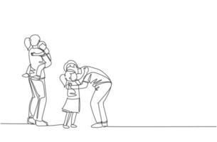 un dibujo de línea continua de un padre joven abrazando a su hija antes de ir a la oficina mientras la madre carga a su hijo en casa. concepto de crianza de los hijos de familia feliz. Ilustración de vector de diseño de dibujo de una sola línea