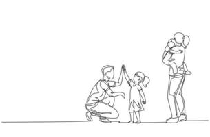 One single line drawing of young dad giving high five to his daughter while mom carrying sleepy son at home vector illustration. Happy family parenting concept. Modern continuous line draw design