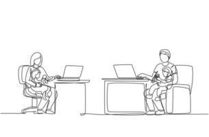 One continuous line drawing of young mom and dad sitting on chair while typing on laptop and carrying their kid. Happy family parenting concept. Dynamic single line draw design vector illustration