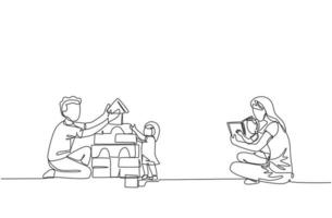 Single continuous line drawing of young mom reading book to son and dad playing block puzzle house with daughter at home. Happy family parenting concept. One line draw design vector illustration