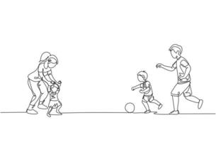 One continuous line drawing of young father playing soccer with son while mother teaching daughter to walk at field. Happy family parenting concept. Dynamic single line draw design vector illustration