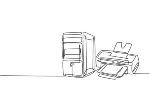 One single line drawing of cpu computer with inkjet printer for small home office. Electricity business equipment tools concept. Dynamic continuous line graphic draw vector design illustration