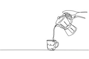 One single line drawing of young happy barista pouring hot chocolate coffee to cup above the table. Cafe drink menu concept. Dynamic continuous line graphic draw vector design illustration