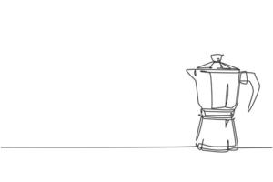 One single line drawing of coffeepot above the table at cafe. Electricity coffee drink maker tools concept. Dynamic continuous line graphic draw vector design illustration