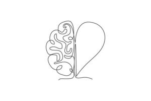 un dibujo de línea continua de la mitad del cerebro humano y el icono del logotipo en forma de corazón de amor. concepto de plantilla de símbolo de logotipo de afecto dividido psicológico. Ilustración de vector de diseño de dibujo de línea única de moda