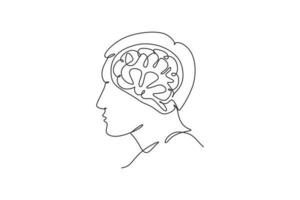 un dibujo de una sola línea de la cabeza humana con el cerebro dentro de la identidad del logotipo de la vista lateral. concepto de logotipo de icono de oficina de psicología. Ilustración de vector de diseño gráfico de dibujo de línea continua dinámica