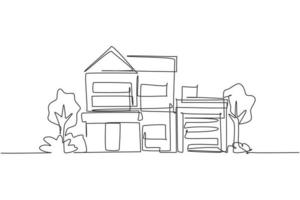 Single one line drawing green minimalist modest house in town. Home architecture building construction isolated doodle minimal concept. Trendy continuous line draw design graphic vector illustration