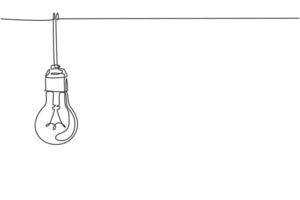 Un solo dibujo de línea continua de una bombilla que cuelga del techo de la casa en la azotea. Encienda el concepto de plantilla de símbolo de logotipo de creatividad. Ilustración de vector gráfico de dibujo dinámico de una línea para diseño de interiores